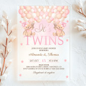 Twin Girls Bear Pink Balloons Babydusche Acryleinladungen