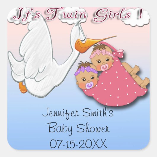 Twin Girls BH - Stork Baby Shower Gefallen Aufkleb Quadratischer Aufkleber (Vorderseite)