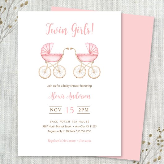 Twin Girls Carriages Baby Shower Invitation Einladung