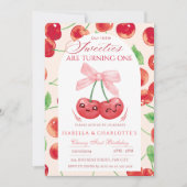 Twin Girls Cherry 1. Geburtstag Einladung (Vorderseite)