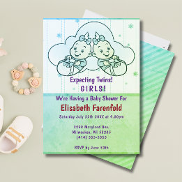 Twin Girls Cloud Baby Shower in Green Einladung