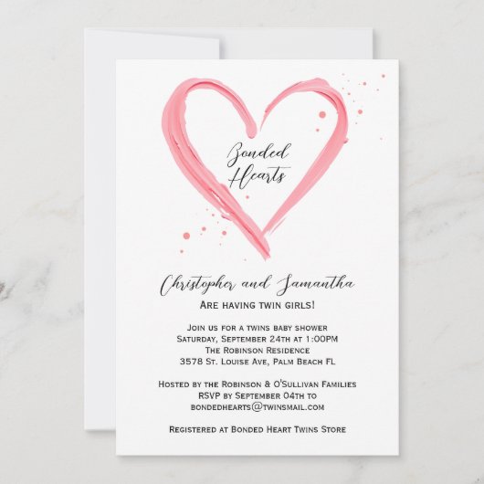 Twin Girls Elegant Moderne Rosa Herz Babydusche Einladung (Vorderseite)
