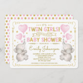 Twin Girls Elephant Baby Dusche Pink Gold Jungle Einladung (Vorne/Hinten)
