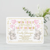 Twin Girls Elephant Baby Dusche Pink Gold Jungle Einladung (Stehend Vorderseite)