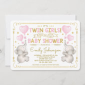 Twin Girls Elephant Baby Dusche Pink Gold Jungle Einladung (Vorderseite)