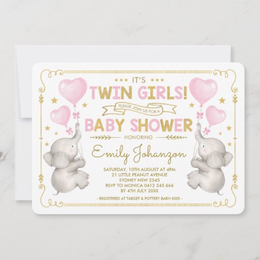 Twin Girls Elephant Baby Dusche Pink Gold Jungle Einladung (Vorderseite)