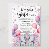 Twin Girls Elephant Pink Balloons Niedlich Baby Du Einladung (Vorderseite)