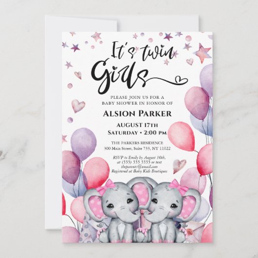 Twin Girls Elephant Pink Balloons Niedlich Baby Du Einladung (Vorderseite)