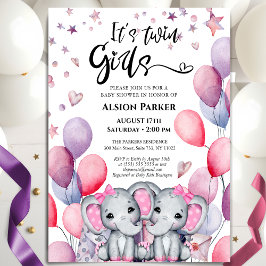 Twin Girls Elephant Pink Balloons Niedlich Baby Du Einladung