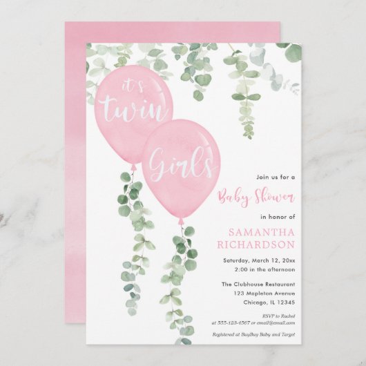 Twin Girls Eukalyptus Rosa Ballons Babydusche Einladung (Vorne/Hinten)