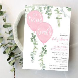 Twin Girls Eukalyptus Rosa Ballons Babydusche Einladung