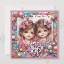 TWIN GIRLS Geburtstagskarte ~ Kleinkinder ~ Rosa ~