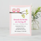 Twin Girls Geburtstagsparty Einladung Owls (Stehend Vorderseite)