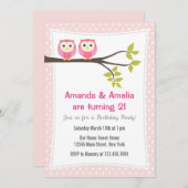 Twin Girls Geburtstagsparty Einladung Owls (Vorne/Hinten)