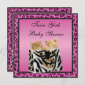 Twin Girls Kittens Pink Leopard Print Baby Dusche Einladung (Vorne/Hinten)