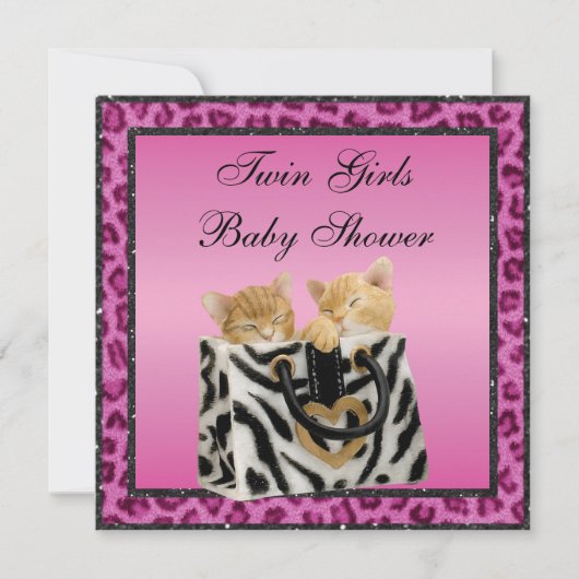 Twin Girls Kittens Pink Leopard Print Baby Dusche Einladung (Vorderseite)