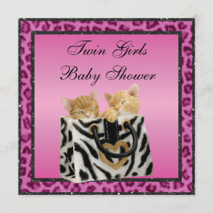 Twin Girls Kittens Pink Leopard Print Baby Dusche Einladung