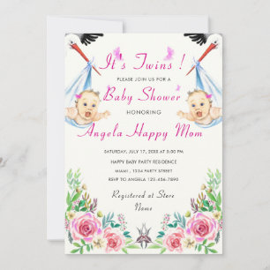 Twin Girls Niedlich Funny Stork Baby Shower Einlad