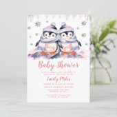 Twin Girls Pink Baby Dusche Pinguin Einladung (Stehend Vorderseite)