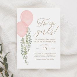 Twin Girls Pink Ballon Eukalyptus Baby Dusche Einladung