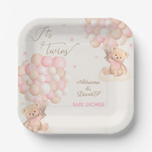 Twin Girls Pink Bear Balloons Babydusche Pappteller