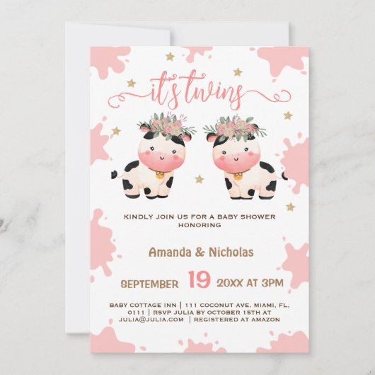 Twin Girls Pink Boho Holy Cow Baby Dusche Einladung (Vorderseite)
