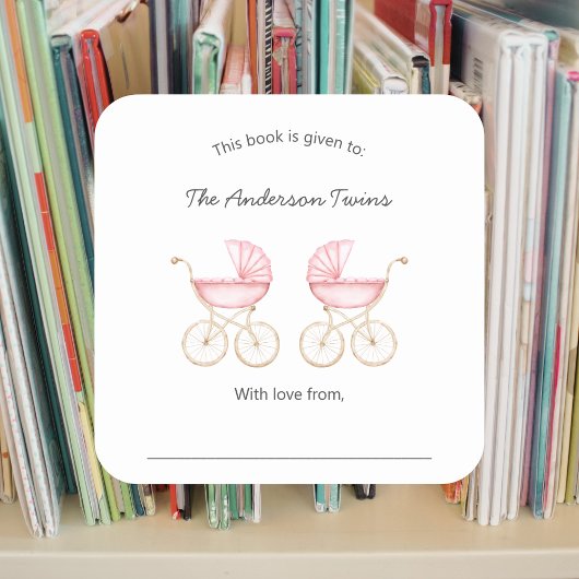 Twin girls pink carriages Baby Shower Quadratischer Aufkleber