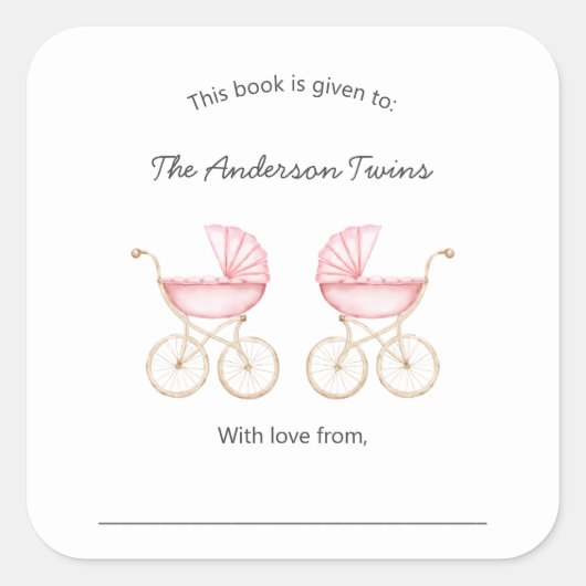 Twin girls pink carriages Baby Shower Quadratischer Aufkleber (Vorderseite)
