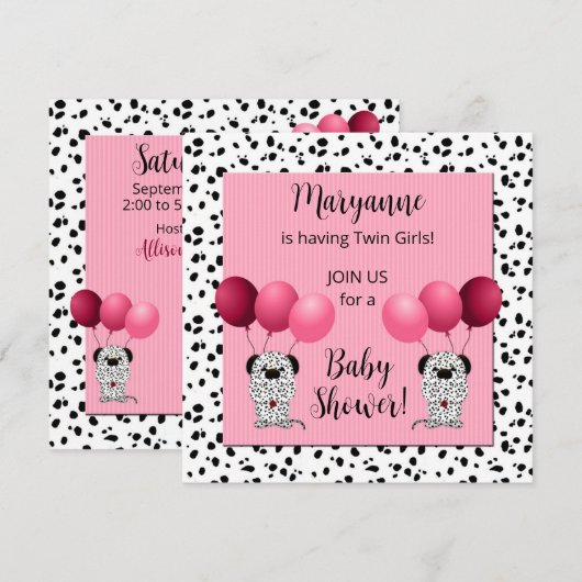 Twin Girls Pink Dalmatiner Babydusche Einladung (Vorne/Hinten)