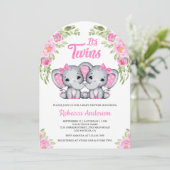 Twin Girls Pink Floral Elephant Arch Baby Dusche Einladung (Stehend Vorderseite)