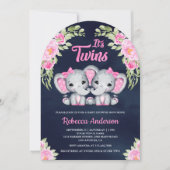 Twin Girls Pink Floral Elephant Navy Baby Dusche Einladung (Vorderseite)