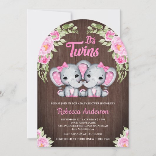 Twin Girls Pink Floral Elephant Wood Baby Dusche Einladung (Vorderseite)