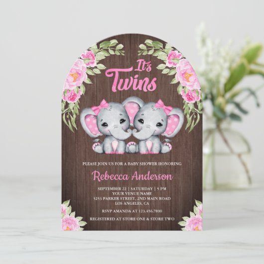 Twin Girls Pink Floral Elephant Wood Baby Dusche Einladung (Stehend Vorderseite)