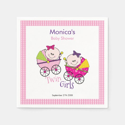 Twin Girls Pink Gingham Baby Dusche Napkin Serviette (Vorderseite)