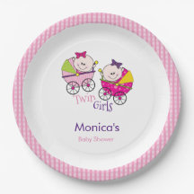 Twin Girls Pink Gingham Baby Shower Paper Plate