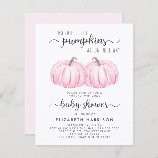 Twin Girls Pink Pumpkin Baby Dusche Einladung (Vorne/Hinten)