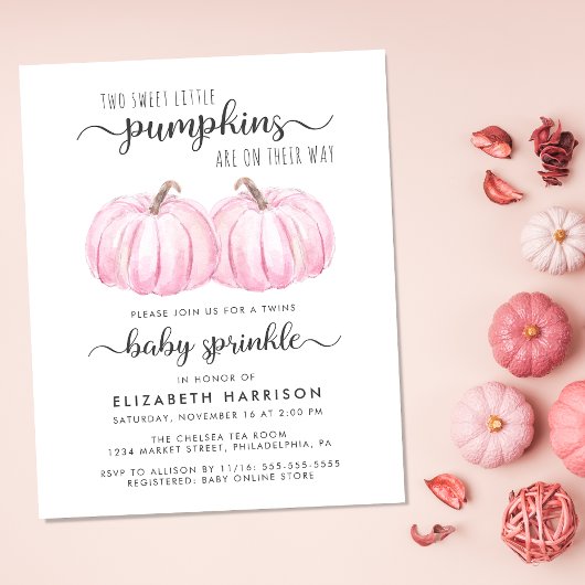 Twin Girls Pink Pumpkin Baby Sprinkle Einladung