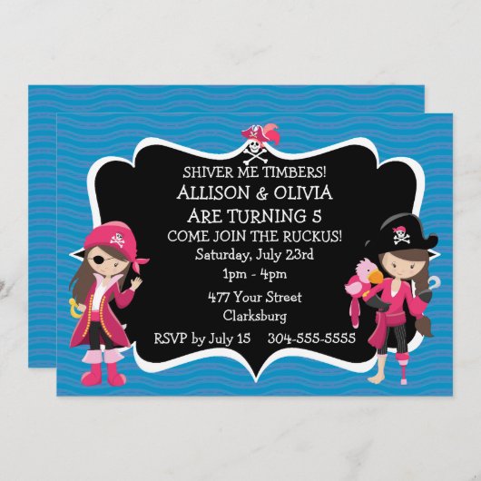 Twin Girls Pirate Birthday Party Einladung (Vorne/Hinten)