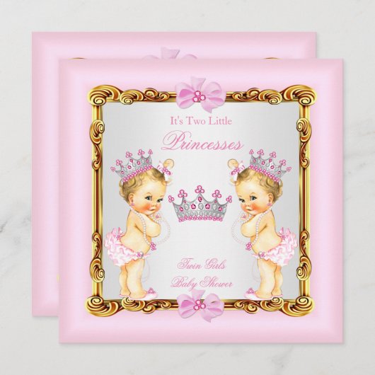 Twin Girls Princess Baby Dusche Gold Pink Blonde Einladung (Vorne/Hinten)