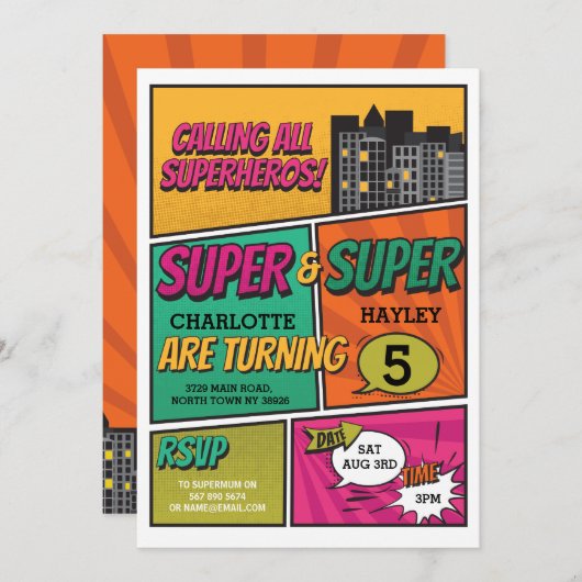 Twin Girl's Superheld-Party Einladung (Vorne/Hinten)
