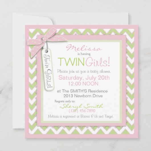 Twin Girls Tutus Zickzack Print Baby Dusche Einladung (Rückseite)