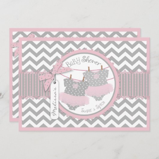 Twin Girls Tutus Zickzack Print Baby Dusche Einladung (Vorne/Hinten)