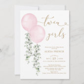 Twin Girls Watercolor Pink Balloons Babydusche Einladung (Vorderseite)