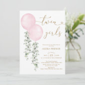 Twin Girls Watercolor Pink Balloons Babydusche Einladung (Stehend Vorderseite)