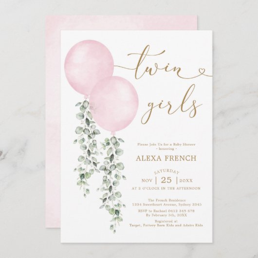 Twin Girls Watercolor Pink Balloons Babydusche Einladung (Vorne/Hinten)