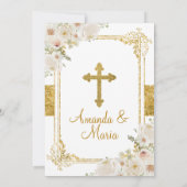 Twin Girls White Floral Gold Erste heilige Kommune Einladung (Rückseite)