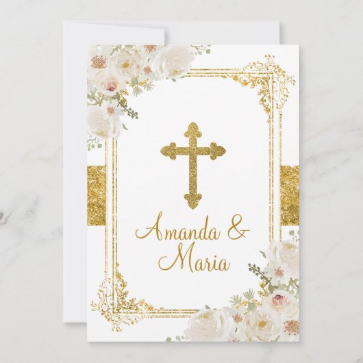 Twin Girls White Floral Gold Erste heilige Kommune Einladung (Rückseite)