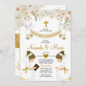 Twin Girls White Floral Gold Erste heilige Kommune Einladung (Vorne/Hinten)