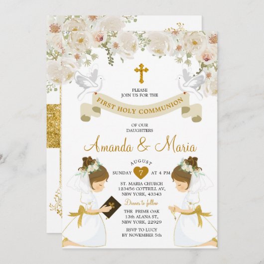 Twin Girls White Floral Gold Erste heilige Kommune Einladung (Vorne/Hinten)