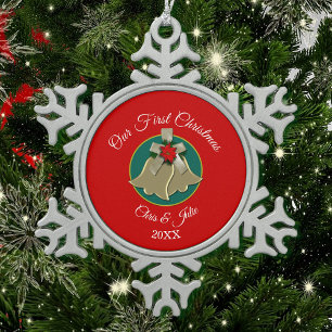 Twin Gold Bells Unsere ersten Weihnachten Schneeflocken Zinn-Ornament